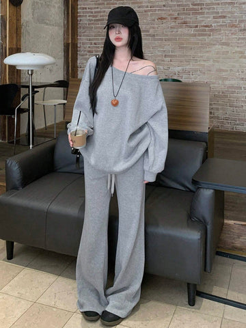 DAZY Women Oblique Shoulder Long Sleeve Sweatshirt & High Waist Drawstring Wide Leg Casual Pants Two-Piece Set, Early Autumn