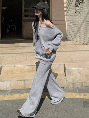 DAZY Women Oblique Shoulder Long Sleeve Sweatshirt & High Waist Drawstring Wide Leg Casual Pants Two-Piece Set, Early Autumn