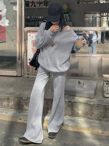 DAZY Women Oblique Shoulder Long Sleeve Sweatshirt & High Waist Drawstring Wide Leg Casual Pants Two-Piece Set, Early Autumn