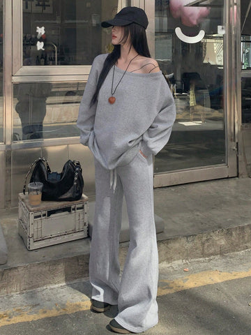DAZY Women Oblique Shoulder Long Sleeve Sweatshirt & High Waist Drawstring Wide Leg Casual Pants Two-Piece Set, Early Autumn