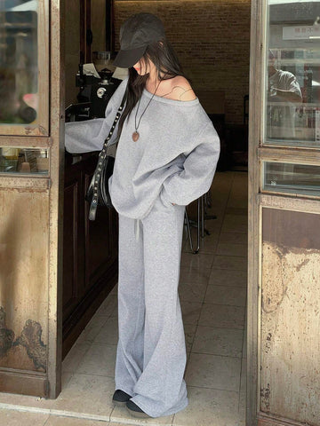 DAZY Women Oblique Shoulder Long Sleeve Sweatshirt & High Waist Drawstring Wide Leg Casual Pants Two-Piece Set, Early Autumn