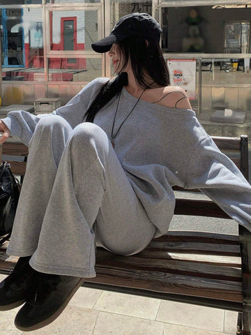 DAZY Women Oblique Shoulder Long Sleeve Sweatshirt & High Waist Drawstring Wide Leg Casual Pants Two-Piece Set, Early Autumn
