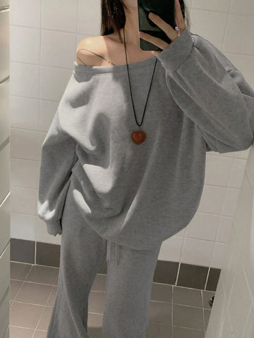 DAZY Women Oblique Shoulder Long Sleeve Sweatshirt & High Waist Drawstring Wide Leg Casual Pants Two-Piece Set, Early Autumn