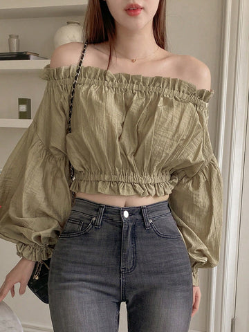 DAZY Women Off Shoulder Lantern Sleeve Cropped Blouse