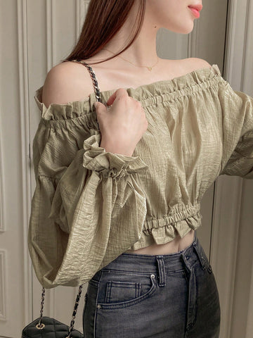 DAZY Women Off Shoulder Lantern Sleeve Cropped Blouse