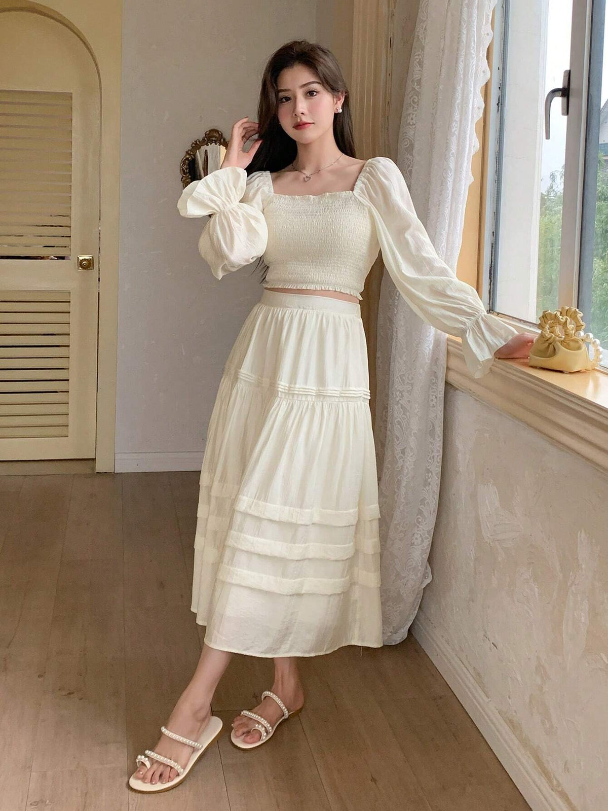 DAZY Women Off Shoulder Short Crop Top & High Waist A-Line Skirt With Ruffle Hem Set