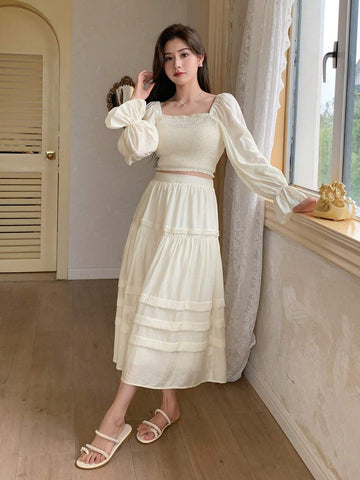 DAZY Women Off Shoulder Short Crop Top & High Waist A-Line Skirt With Ruffle Hem Set