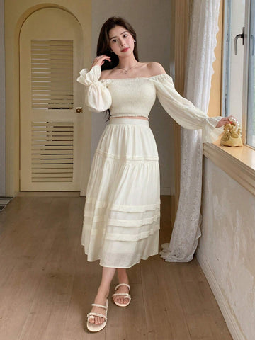 DAZY Women Off Shoulder Short Crop Top & High Waist A-Line Skirt With Ruffle Hem Set