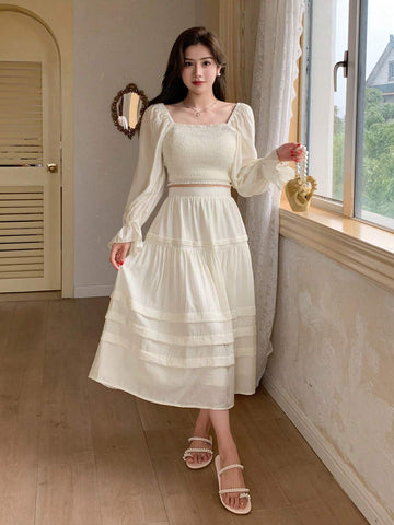 DAZY Women Off Shoulder Short Crop Top & High Waist A-Line Skirt With Ruffle Hem Set