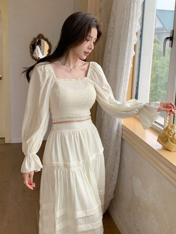 DAZY Women Off Shoulder Short Crop Top & High Waist A-Line Skirt With Ruffle Hem Set