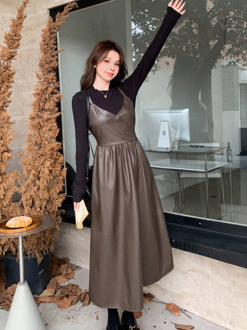 DAZY Women PU Spaghetti Strap Solid Elegant Winter Dress