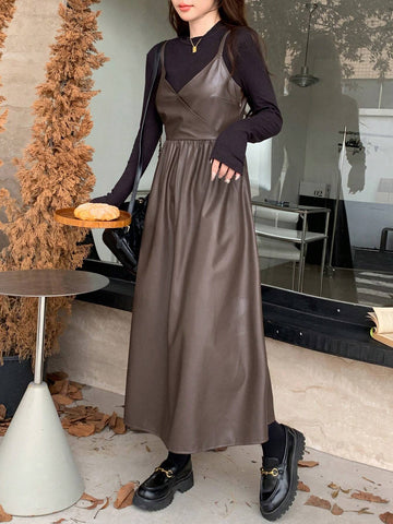 DAZY Women PU Spaghetti Strap Solid Elegant Winter Dress