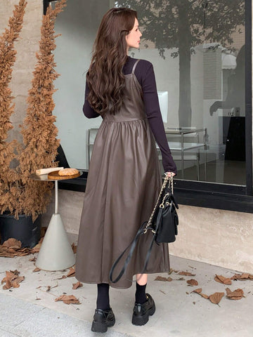 DAZY Women PU Spaghetti Strap Solid Elegant Winter Dress