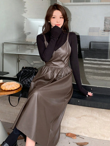 DAZY Women PU Spaghetti Strap Solid Elegant Winter Dress
