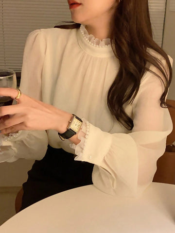 DAZY Women Pearl Decor Turtleneck Solid Color Casual Blouse