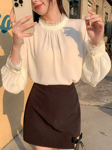 DAZY Women Pearl Decor Turtleneck Solid Color Casual Blouse