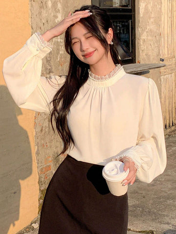 DAZY Women Pearl Decor Turtleneck Solid Color Casual Blouse