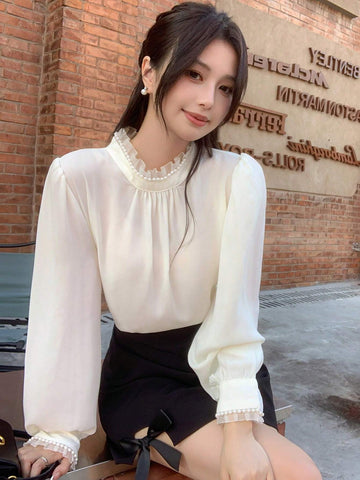DAZY Women Pearl Decor Turtleneck Solid Color Casual Blouse