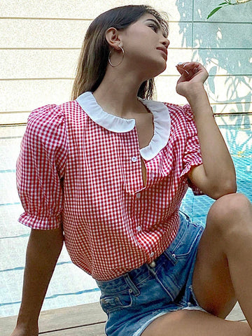 DAZY Women Plaid And Floral Patchwork Collar Button-Up Short Sleeve Casual Summer Shhi