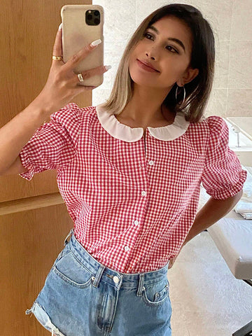 DAZY Women Plaid And Floral Patchwork Collar Button-Up Short Sleeve Casual Summer Shhi