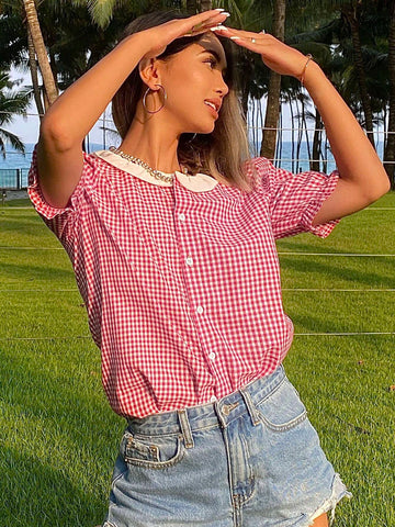DAZY Women Plaid And Floral Patchwork Collar Button-Up Short Sleeve Casual Summer Shhi
