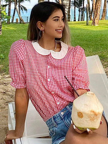 DAZY Women Plaid And Floral Patchwork Collar Button-Up Short Sleeve Casual Summer Shhi