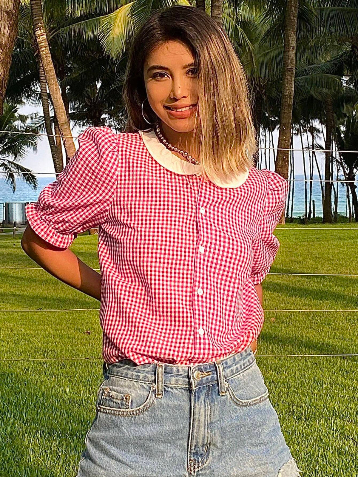 DAZY Women Plaid And Floral Patchwork Collar Button-Up Short Sleeve Casual Summer Shhi