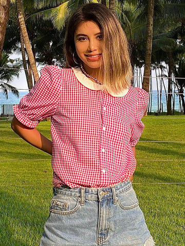 DAZY Women Plaid And Floral Patchwork Collar Button-Up Short Sleeve Casual Summer Shhi