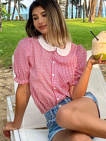 DAZY Women Plaid And Floral Patchwork Collar Button-Up Short Sleeve Casual Summer Shhi