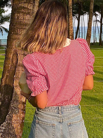 DAZY Women Plaid And Floral Patchwork Collar Button-Up Short Sleeve Casual Summer Shhi