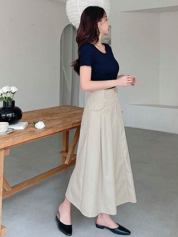DAZY Women Plain Pleated Long And Elegant Skirt With Pockets