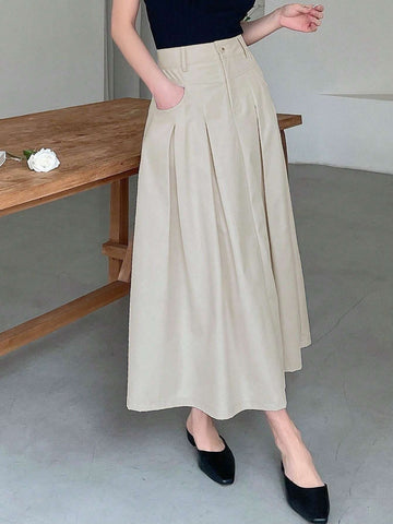 DAZY Women Plain Pleated Long And Elegant Skirt With Pockets
