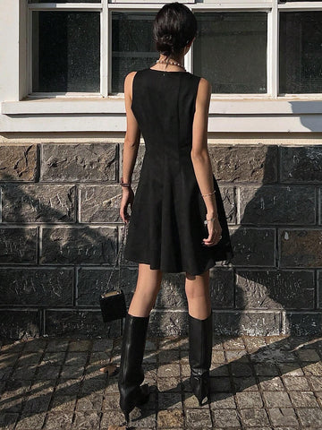 DAZY Women Plain Round Neck Sleeveless Casual Mini Dress