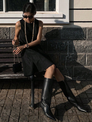 DAZY Women Plain Round Neck Sleeveless Casual Mini Dress