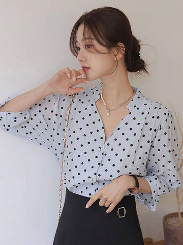 DAZY Women Polka Dot Loose Five-Quarter Sleeve Shirt
