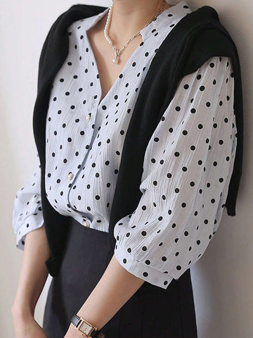 DAZY Women Polka Dot Loose Five-Quarter Sleeve Shirt