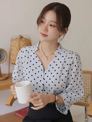 DAZY Women Polka Dot Loose Five-Quarter Sleeve Shirt