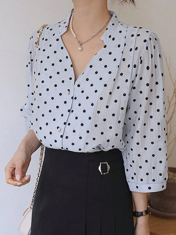 DAZY Women Polka Dot Loose Five-Quarter Sleeve Shirt