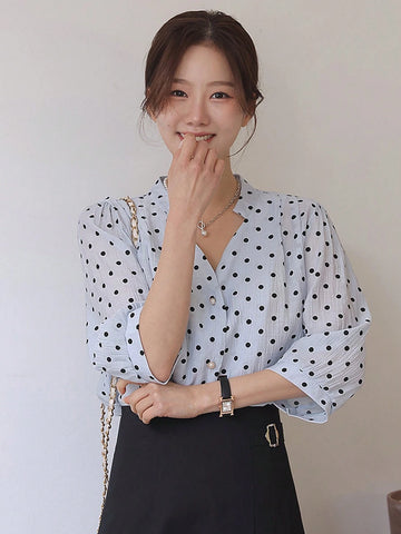 DAZY Women Polka Dot Loose Five-Quarter Sleeve Shirt