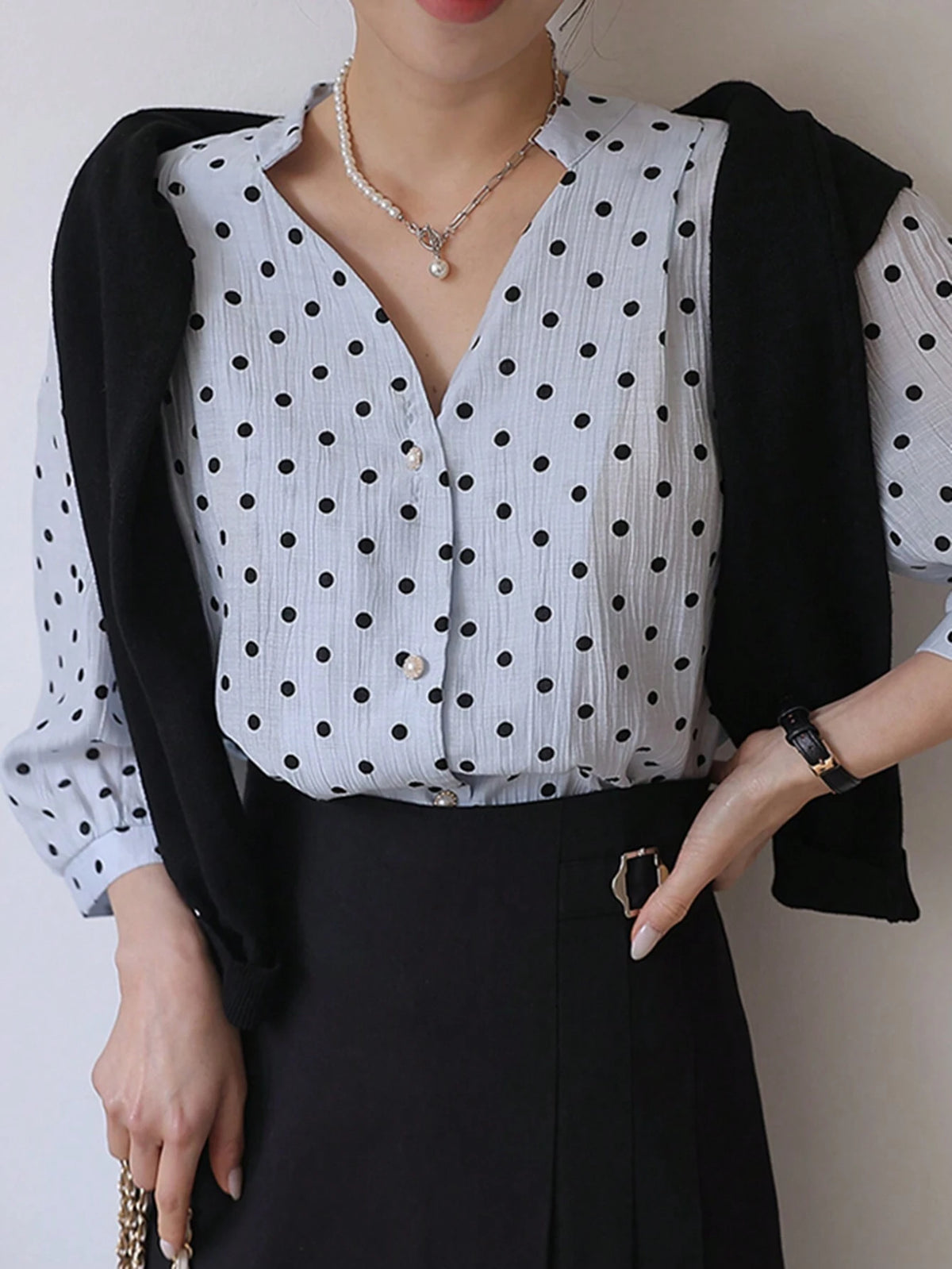 DAZY Women Polka Dot Loose Five-Quarter Sleeve Shirt