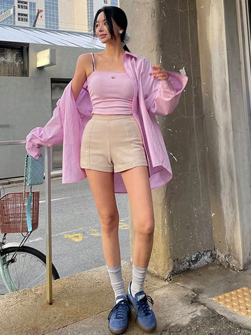 DAZY Women Pure Color Loose Fit Basic Long Sleeve Shirt