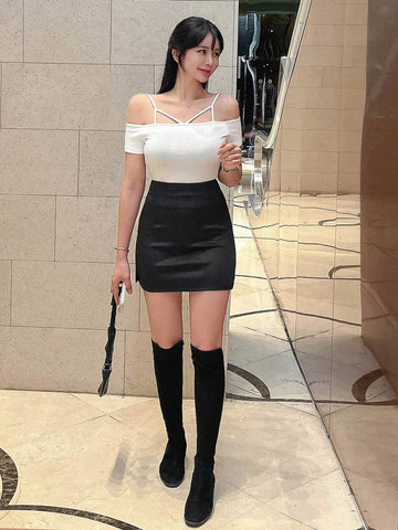 DAZY Women Round Neck Pure Color Hollow Out Cold Shoulder Sleeve T-Shirt