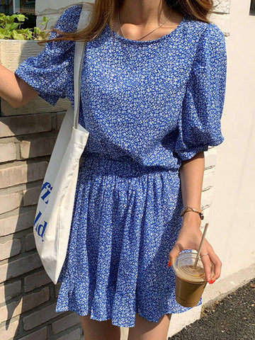 DAZY Women Round Neck Shirt With Floral Print Elastic Waist Pants/Skirt 2pcs Set