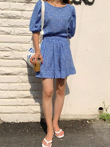 DAZY Women Round Neck Shirt With Floral Print Elastic Waist Pants/Skirt 2pcs Set