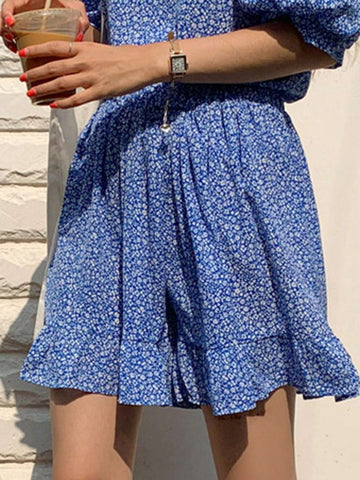 DAZY Women Round Neck Shirt With Floral Print Elastic Waist Pants/Skirt 2pcs Set