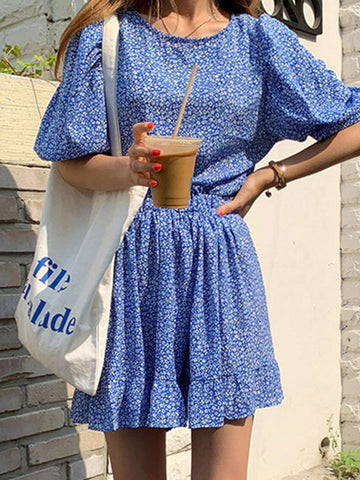 DAZY Women Round Neck Shirt With Floral Print Elastic Waist Pants/Skirt 2pcs Set