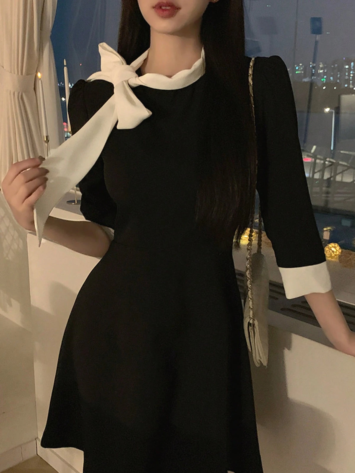 DAZY Women Ruffle Collar Waisted Patchwork Contrast Color Mini Dress