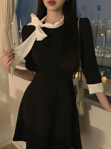 DAZY Women Ruffle Collar Waisted Patchwork Contrast Color Mini Dress