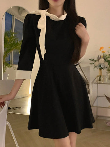 DAZY Women Ruffle Collar Waisted Patchwork Contrast Color Mini Dress