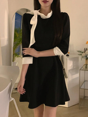 DAZY Women Ruffle Collar Waisted Patchwork Contrast Color Mini Dress